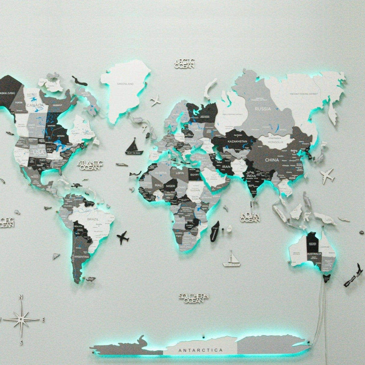 3D WOODEN & ACRYLIC/LED MAP OF THE WORLD -GREY – ATIPIQA