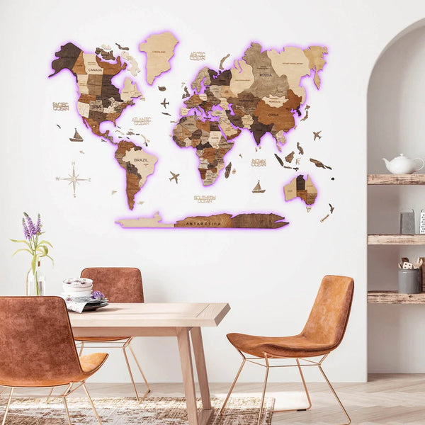 3D Wooden World Map with a brand new LED 3.0 backlight (different colours and sizes)