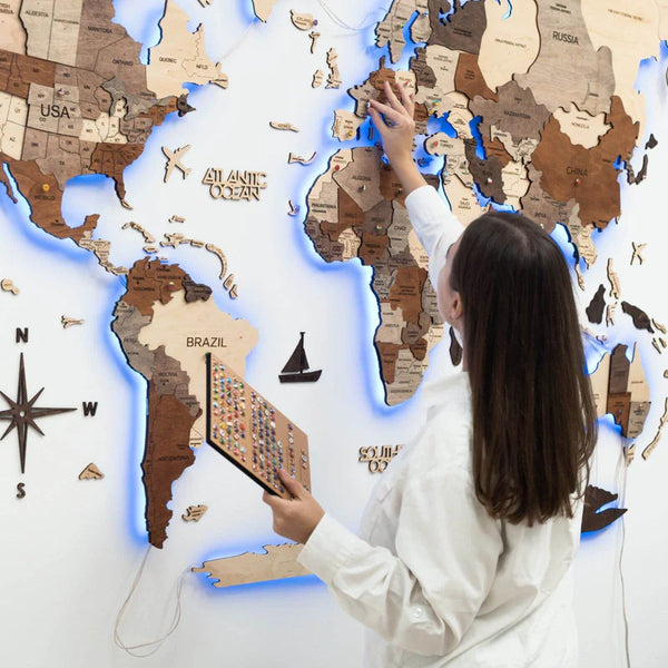 3D Wooden World Map with a brand new LED 3.0 backlight (different colours and sizes)