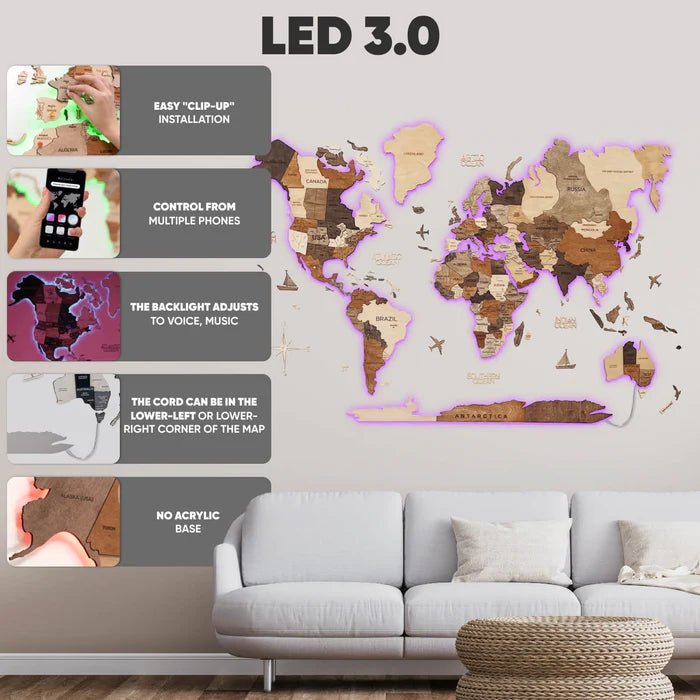 3D-WELTKARTE AUS HOLZ UND LED