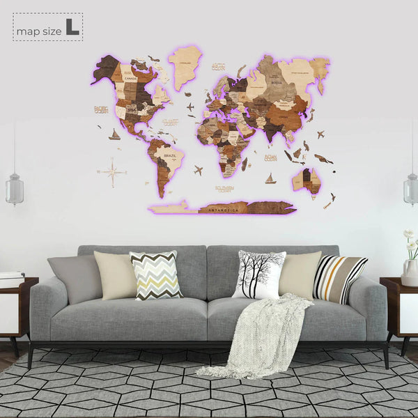 3D Wooden World Map with a brand new LED 3.0 backlight (different colours and sizes)