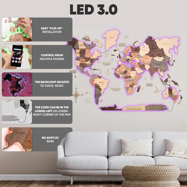 3D Wooden World Map with a brand new LED 3.0 backlight (different colours and sizes)