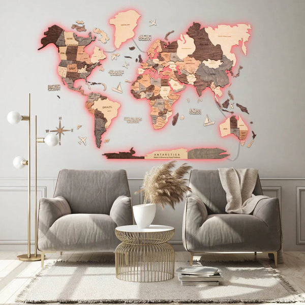 3D Wooden World Map with a brand new LED 3.0 backlight (different colours and sizes)