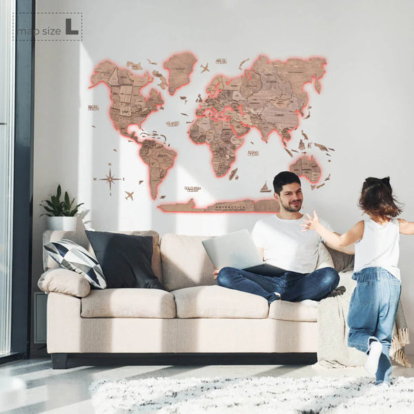 3D Wooden World Map with a brand new LED 3.0 backlight (different colours and sizes)