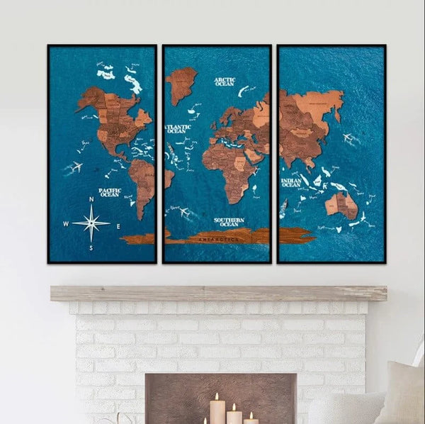 3D WELTKARTE AUS HOLZ - EICHE - TRIPTYCHON