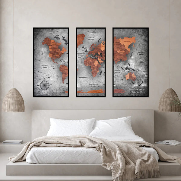 3D WELTKARTE AUS HOLZ - EICHE - TRIPTYCHON
