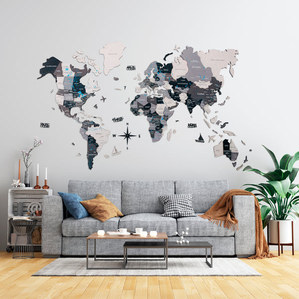 3D WOODEN MAP OF THE WORLD - NORDIK GREY