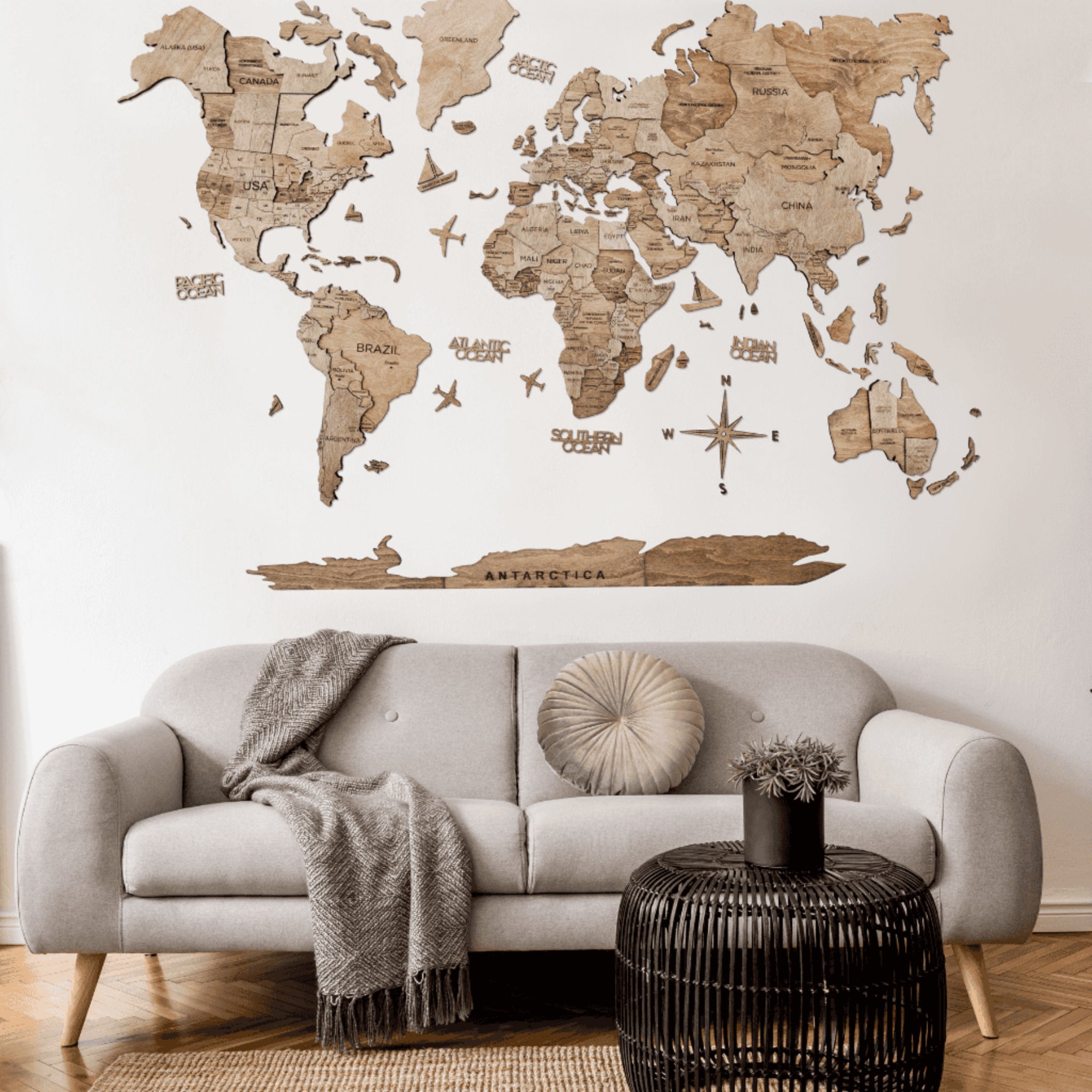 Carte du monde en bois avec effet 3D (200×100 CM) 68travel