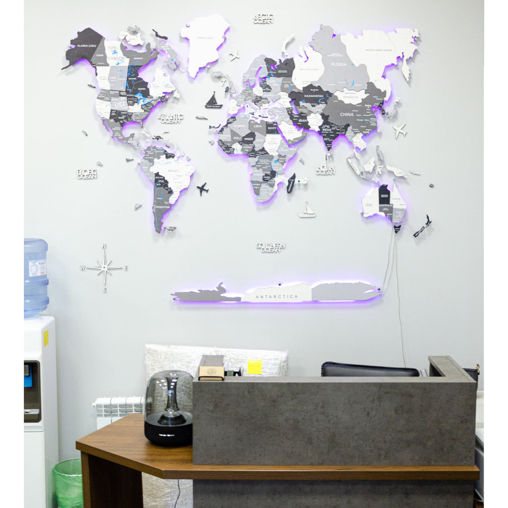 CARTE DU MONDE 3D LED/ACRYLIQUE - GRIS – ATIPIQA