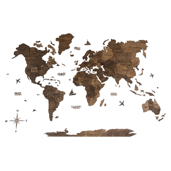 3D WOODEN MAP OF THE WORLD - DARK WALNUT