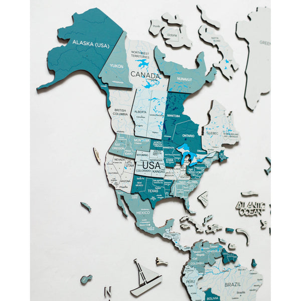 3D WOODEN MAP OF THE WORLD - AQUA