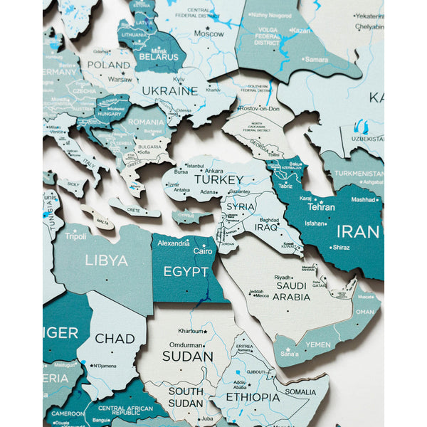 3D WOODEN MAP OF THE WORLD - AQUA