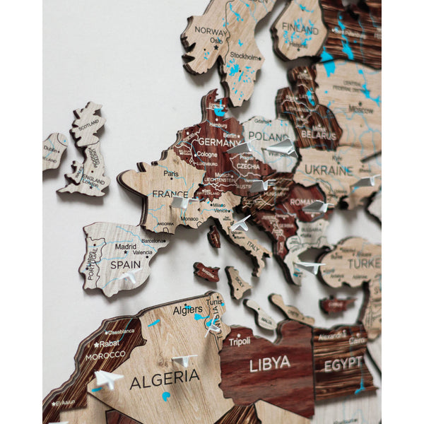 3D WOODEN MAP OF THE WORLD - CAPPUCCINO