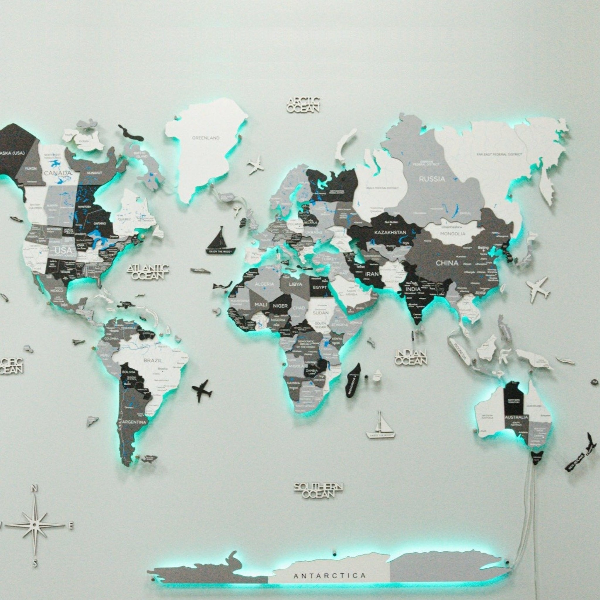 CARTE DU MONDE 3D LED/ACRYLIQUE - GRIS – ATIPIQA