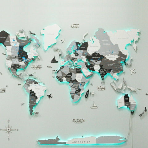 3D WOODEN & ACRYLIC/LED MAP OF THE WORLD -GREY