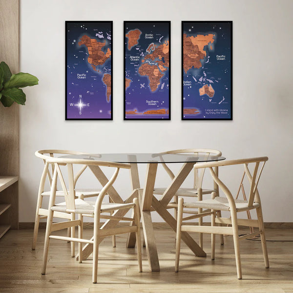 3D WELTKARTE AUS HOLZ - EICHE - TRIPTYCHON