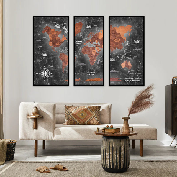 3D WELTKARTE AUS HOLZ - EICHE - TRIPTYCHON