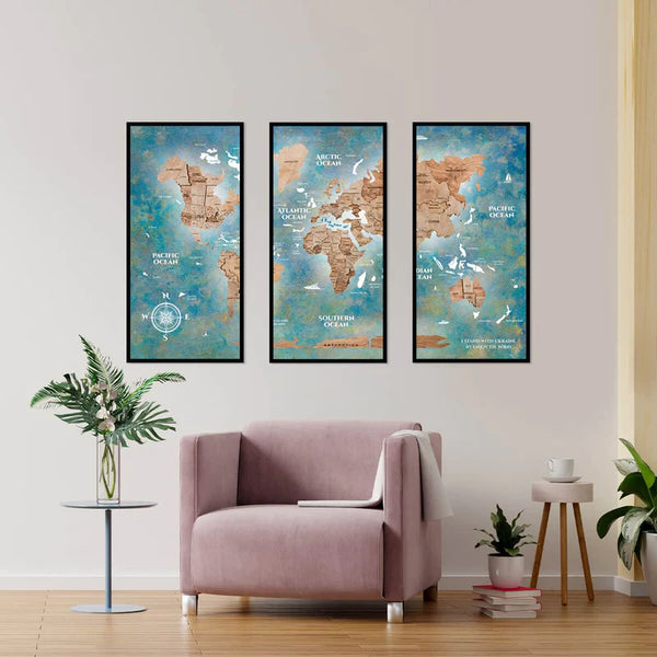 3D WELTKARTE AUS HOLZ - EICHE - TRIPTYCHON