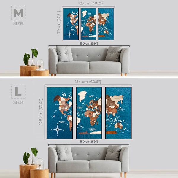 3D WELTKARTE AUS HOLZ - EICHE - TRIPTYCHON