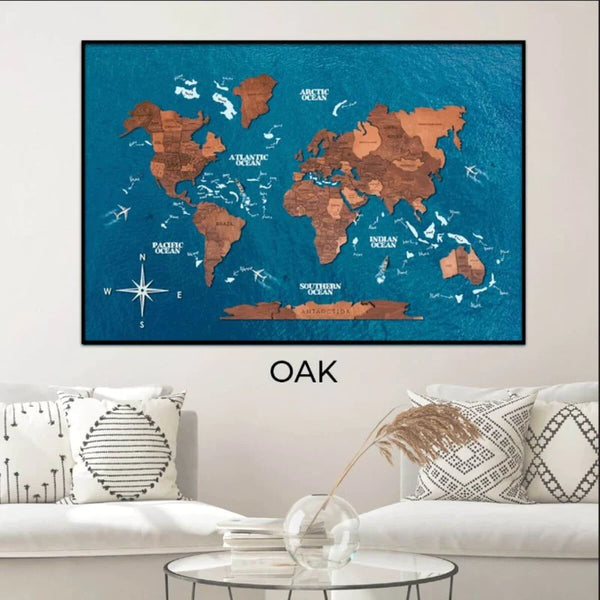 3D WOODEN MAP OF THE WORLD -OAK - PANEL